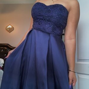Navy blue strapless prom dress